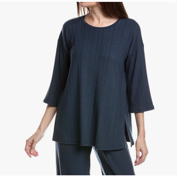 Eileen Fisher Variegated Rib Tunic Top Shirt Women's Size XS Navy Blue Ocean NEW - Picture 1 of 9